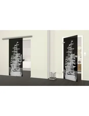 Glasschiebetür SLIM-LINE Segelschiff II Gelasert Auf Grauglas