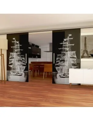 Glasschiebetür SLIM-LINE Segelschiff II Gelasert Auf Grauglas