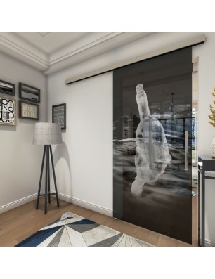 Glasschiebetür SLIM-LINE Nachricht Gelasert Auf Grauglas