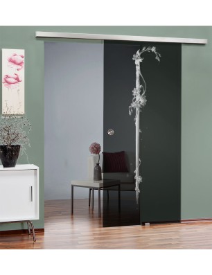 Glasschiebetür SLIM-LINE Floral Schwert Gelasert Auf Grauglas