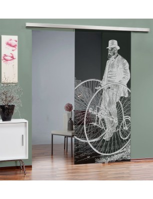 Glasschiebetür SLIM-LINE Vintage Bike Gelasert Auf Grauglas