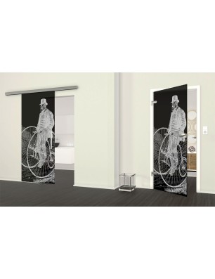 Glasschiebetür SLIM-LINE Vintage Bike Gelasert Auf Grauglas