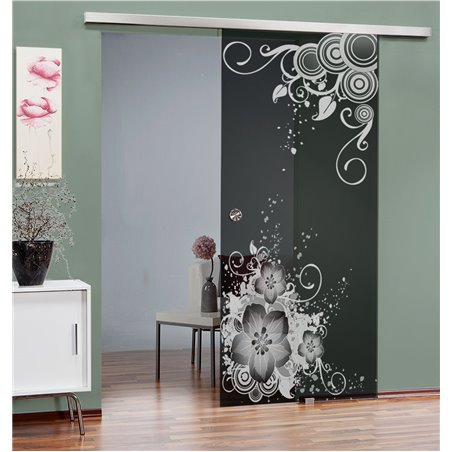 Glasschiebetür SLIM-LINE Blume 11 Gelasert Auf Grauglas