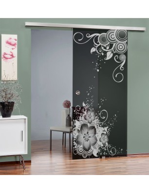 Glasschiebetür SLIM-LINE Blume 11 Gelasert Auf Grauglas