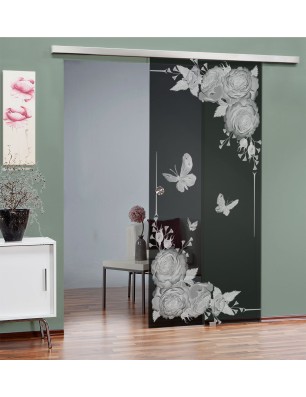 Glasschiebetür SLIM-LINE Blume 5 Gelasert Auf Grauglas