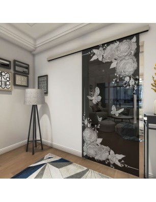 Glasschiebetür SLIM-LINE Blume 5 Gelasert Auf Grauglas
