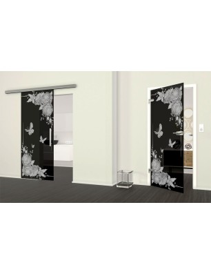 Glasschiebetür SLIM-LINE Blume 5 Gelasert Auf Grauglas