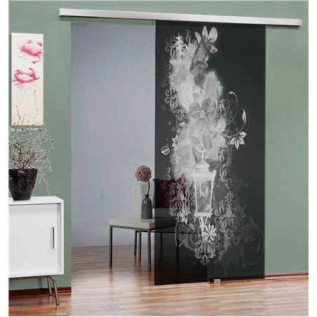 Glasschiebetür SLIM-LINE Blume 6 Gelasert Auf Grauglas
