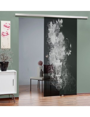 Glasschiebetür SLIM-LINE Blume 6 Gelasert Auf Grauglas