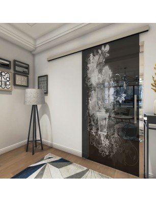 Glasschiebetür SLIM-LINE Blume 6 Gelasert Auf Grauglas