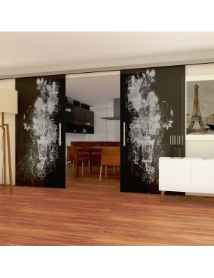 Glasschiebetür SLIM-LINE Blume 6 Gelasert Auf Grauglas