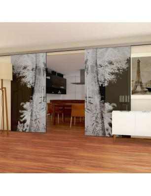 Glasschiebetür SLIM-LINE Wald Gelasert Auf Grauglas