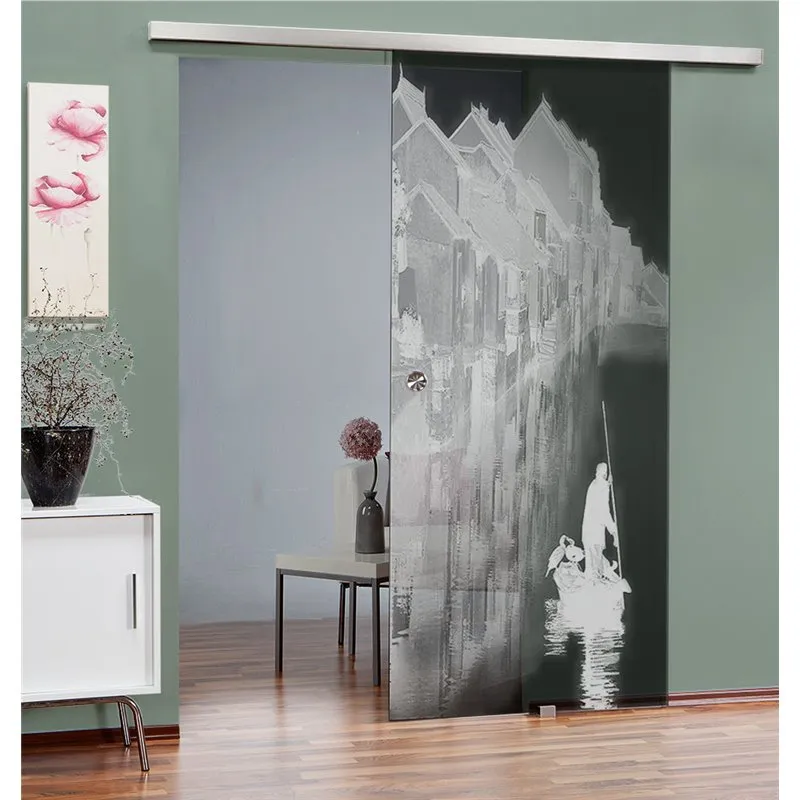 Glasschiebetür SLIM-LINE Gondel Gelasert Auf Grauglas Glasschiebetür SLIM-LINE Gondel Gelasert Auf Grauglas