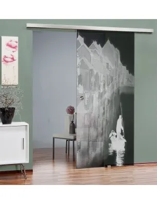 Glasschiebetür SLIM-LINE Gondel Gelasert Auf Grauglas