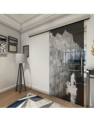 Glasschiebetür SLIM-LINE Gondel Gelasert Auf Grauglas