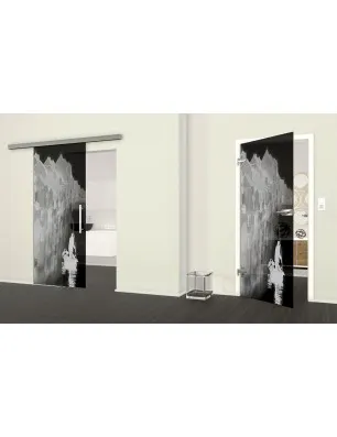 Glasschiebetür SLIM-LINE Gondel Gelasert Auf Grauglas