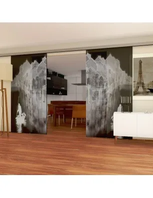 Glasschiebetür SLIM-LINE Gondel Gelasert Auf Grauglas