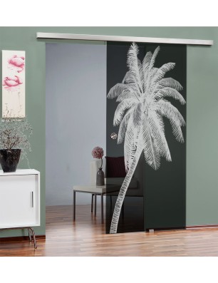 Glasschiebetür SLIM-LINE Palme Gelasert Auf Grauglas