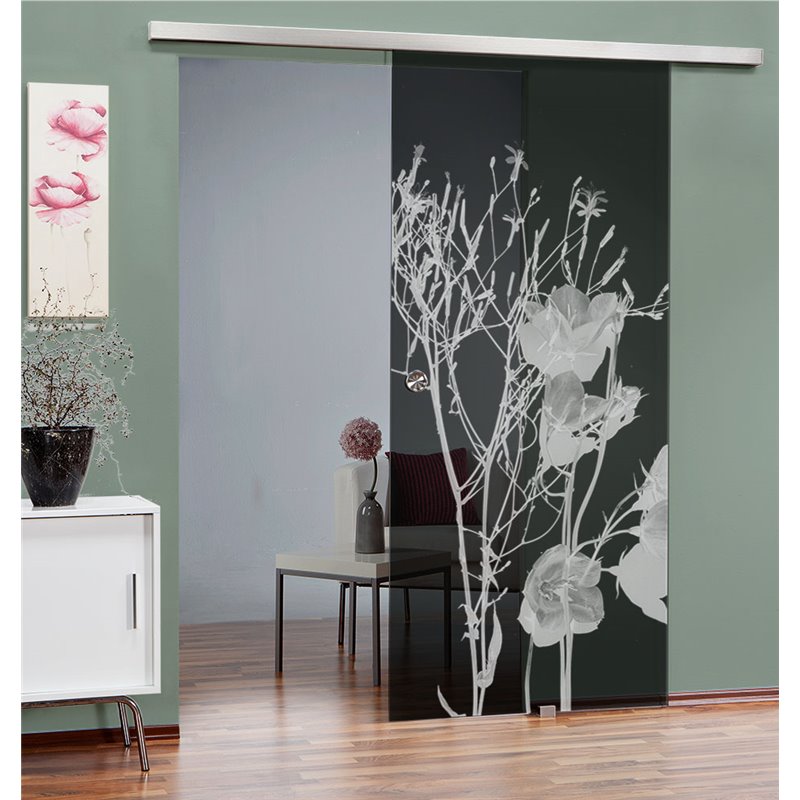 Glasschiebetür SLIM-LINE Blume 7 Gelasert Auf Grauglas Glasschiebetür SLIM-LINE Blume 7 Gelasert Auf Grauglas
