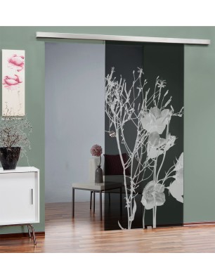 Glasschiebetür SLIM-LINE Blume 7 Gelasert Auf Grauglas