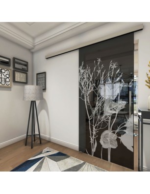 Glasschiebetür SLIM-LINE Blume 7 Gelasert Auf Grauglas