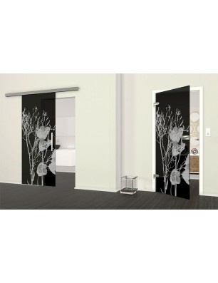 Glasschiebetür SLIM-LINE Blume 7 Gelasert Auf Grauglas