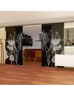 Glasschiebetür SLIM-LINE Blume 7 Gelasert Auf Grauglas