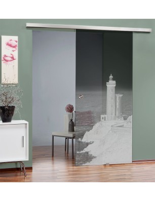 Glasschiebetür SLIM-LINE Leuchtturm 3 Gelasert Auf Grauglas