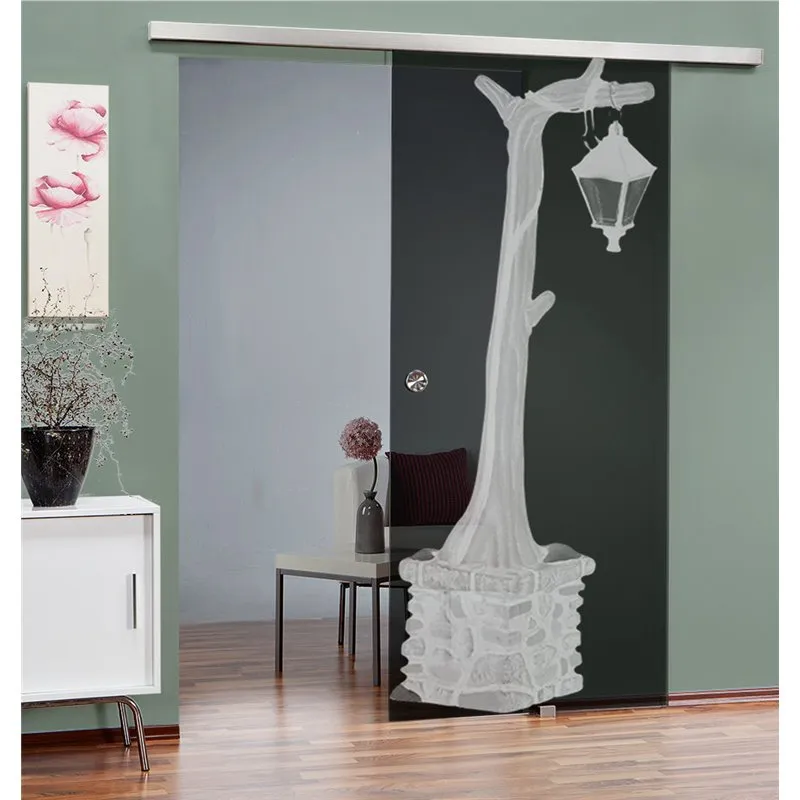 Glasschiebetür SLIM-LINE Baum 2 Gelasert Auf Grauglas Glasschiebetür SLIM-LINE Baum 2 Gelasert Auf Grauglas