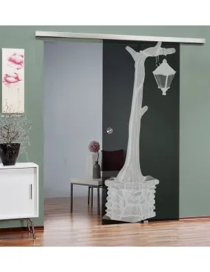 Glasschiebetür SLIM-LINE Baum 2 Gelasert Auf Grauglas