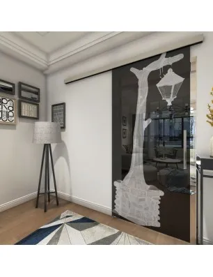 Glasschiebetür SLIM-LINE Baum 2 Gelasert Auf Grauglas