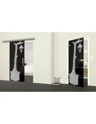 Glasschiebetür SLIM-LINE Baum 2 Gelasert Auf Grauglas