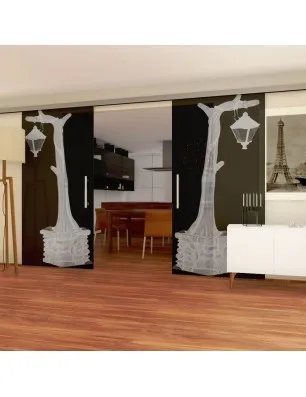 Glasschiebetür SLIM-LINE Baum 2 Gelasert Auf Grauglas