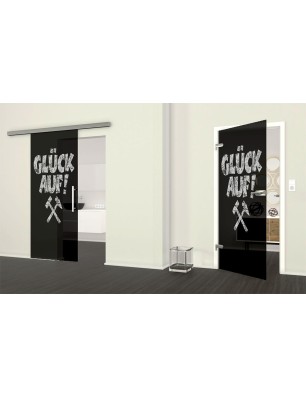 Glasschiebetür SLIM-LINE Glück Auf Gelasert Auf Grauglas