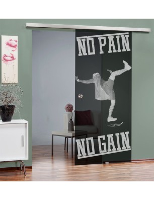 Glasschiebetür SLIM-LINE No pain No Gain Gelasert Auf Grauglas