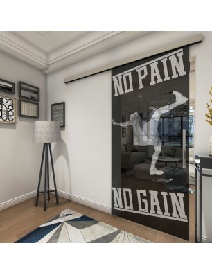 Glasschiebetür SLIM-LINE No pain No Gain Gelasert Auf Grauglas
