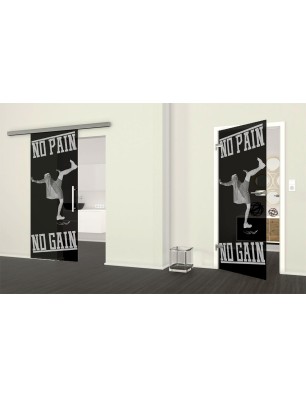 Glasschiebetür SLIM-LINE No pain No Gain Gelasert Auf Grauglas
