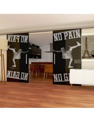 Glasschiebetür SLIM-LINE No pain No Gain Gelasert Auf Grauglas