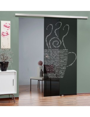 Glasschiebetür SLIM-LINE Kaffe Wordart Gelasert Auf Grauglas