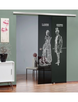 Glasschiebetür SLIM-LINE Ladies and Gents Gelasert Auf Grauglas