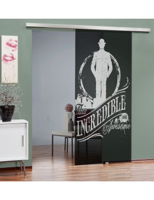 Glasschiebetür SLIM-LINE Mr. Incredible Gelasert Auf Grauglas