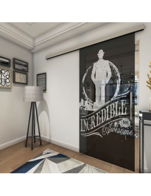 Glasschiebetür SLIM-LINE Mr. Incredible Gelasert Auf Grauglas