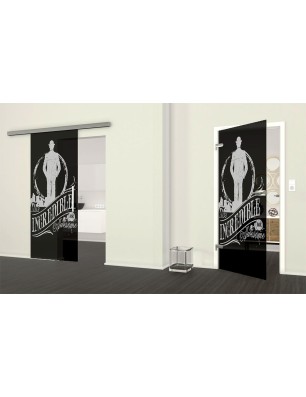 Glasschiebetür SLIM-LINE Mr. Incredible Gelasert Auf Grauglas