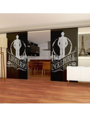 Glasschiebetür SLIM-LINE Mr. Incredible Gelasert Auf Grauglas