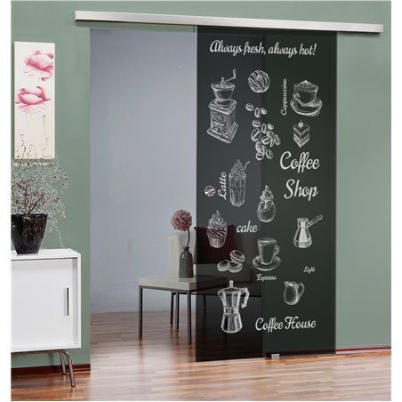 Glasschiebetür SLIM-LINE Coffee Shop Gelasert Auf Grauglas