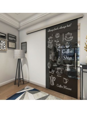 Glasschiebetür SLIM-LINE Coffee Shop Gelasert Auf Grauglas