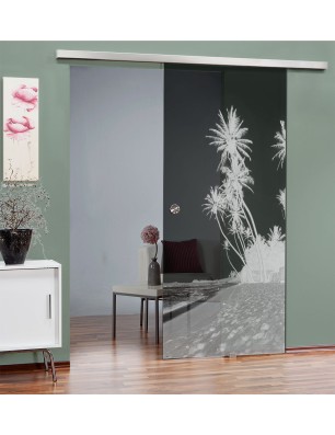 Glasschiebetür SLIM-LINE Palmen Gelasert Auf Grauglas