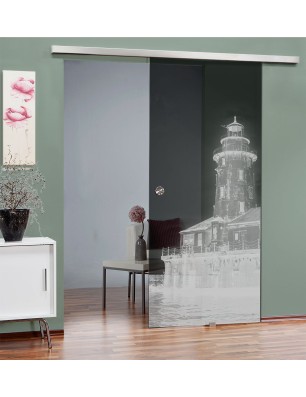 Glasschiebetür SLIM-LINE Leuchtturm 5 Gelasert Auf Grauglas