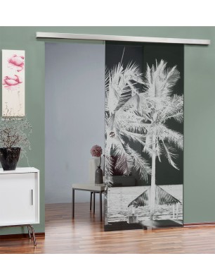 Glasschiebetür SLIM-LINE Palmen II Gelasert Auf Grauglas