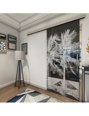 Glasschiebetür SLIM-LINE Palmen II Gelasert Auf Grauglas